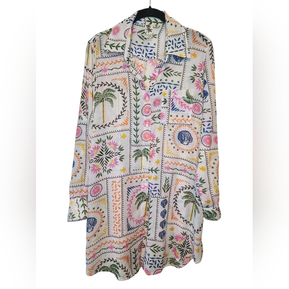 Violet Sky Tops - Violet Sky Tropical Boho Embroidered Print Button Down Tunic Shirt, Medium
